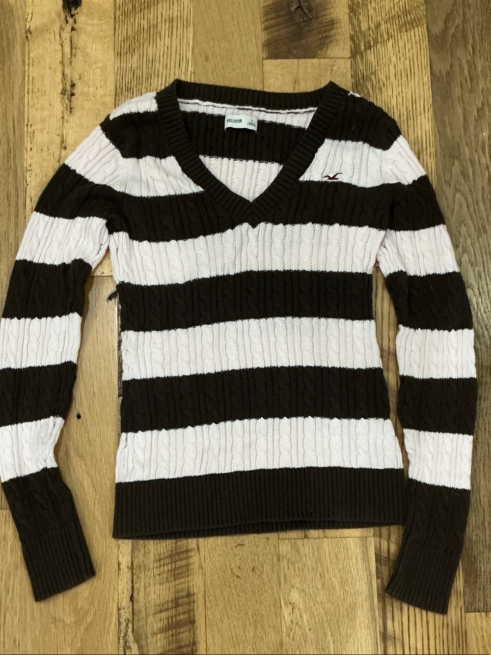Hollister Brown and White Striped V-Neck Cable Knit Sweater